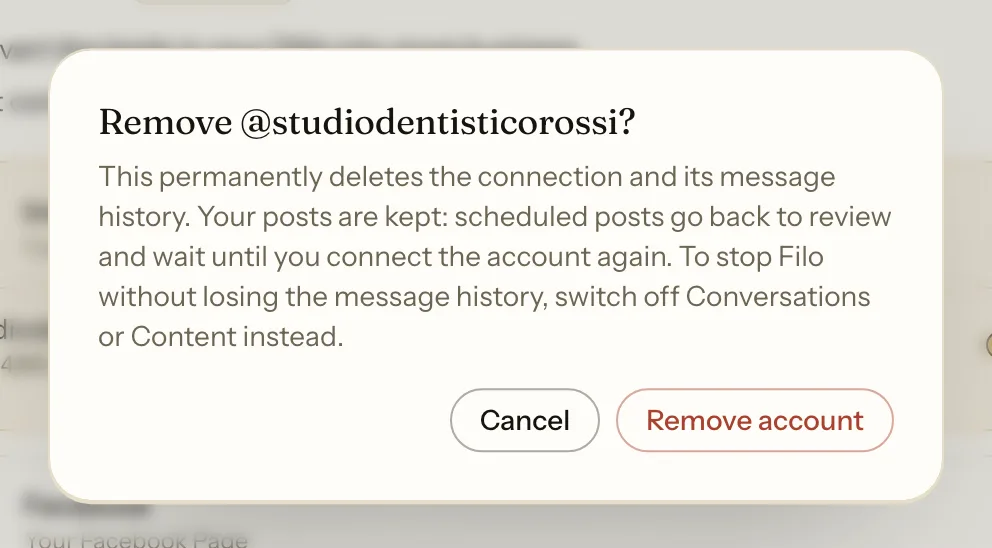 Filo asks if you really want to remove the account