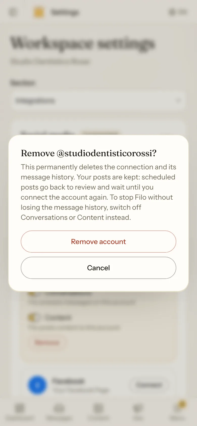 Filo asks if you really want to remove the account