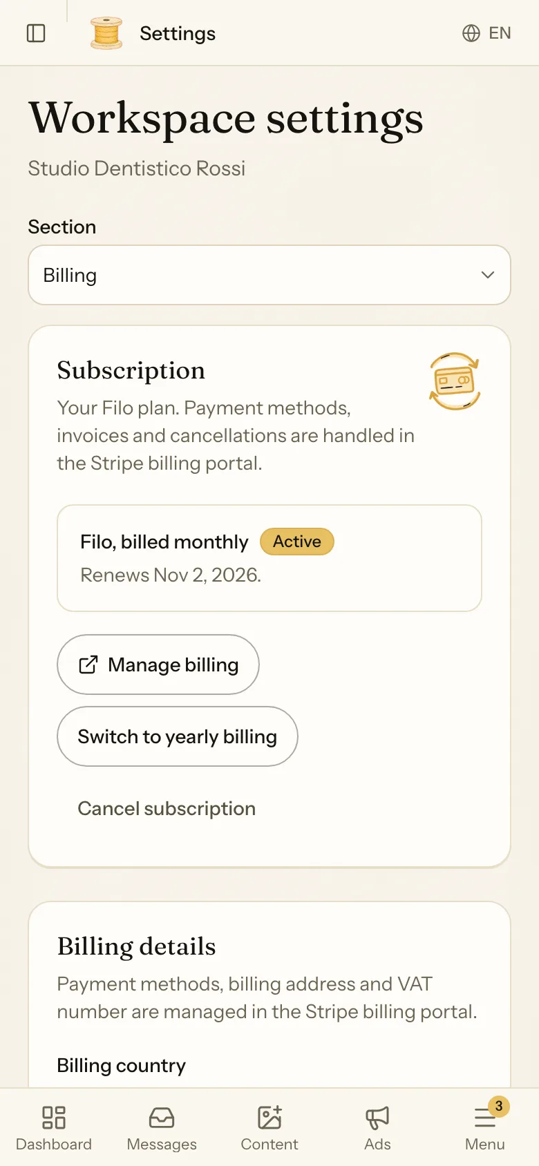 The Billing section of Settings