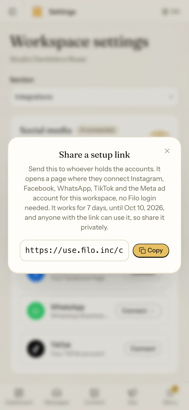 The setup link, ready to copy